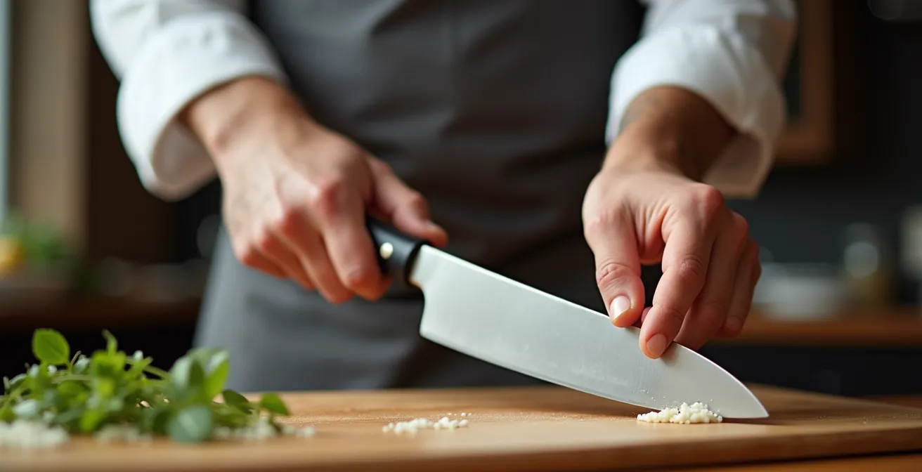 Mano che impugna un coltello da chef con la tecnica corretta della presa a pinza per un'ergonomia ottimale.