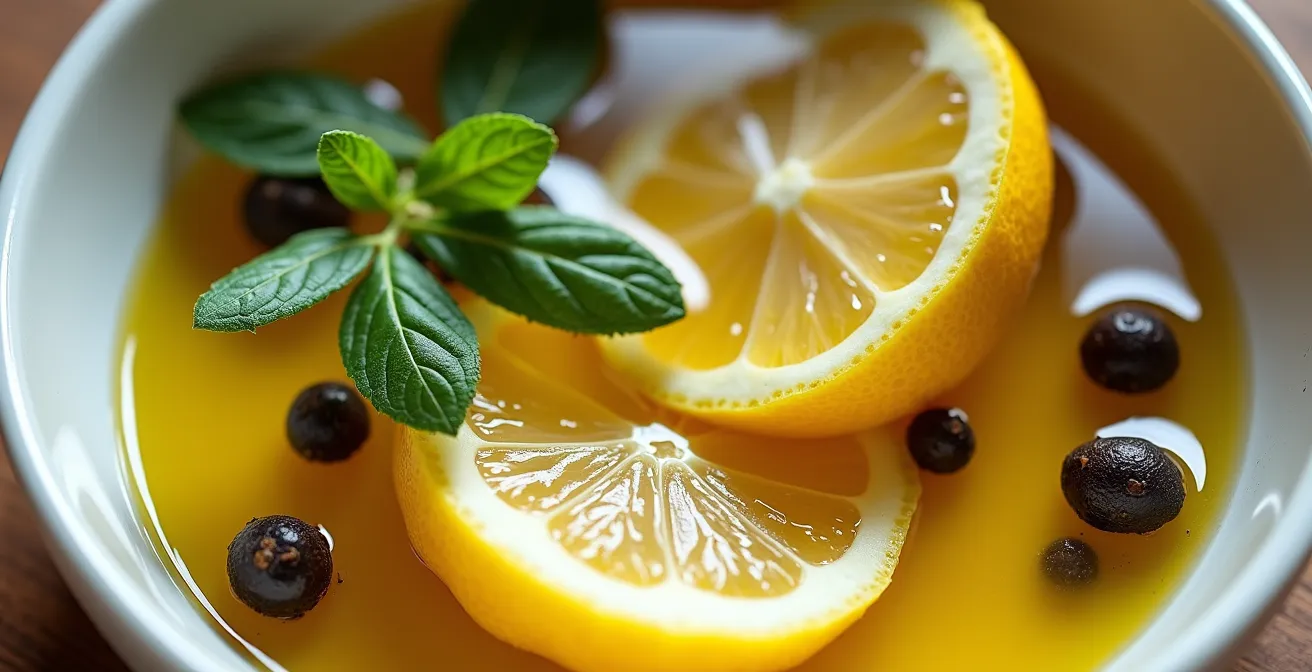 Ingredienti per marinatura disposti con proporzioni visibili: olio, limone, sale e aromi.