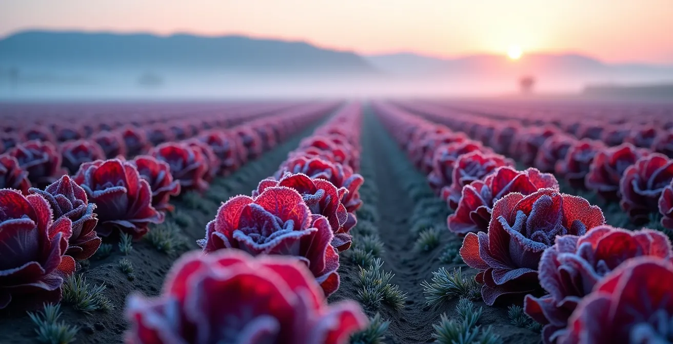 Campo di radicchio rosso di Treviso coperto di brina nelle prime ore del mattino