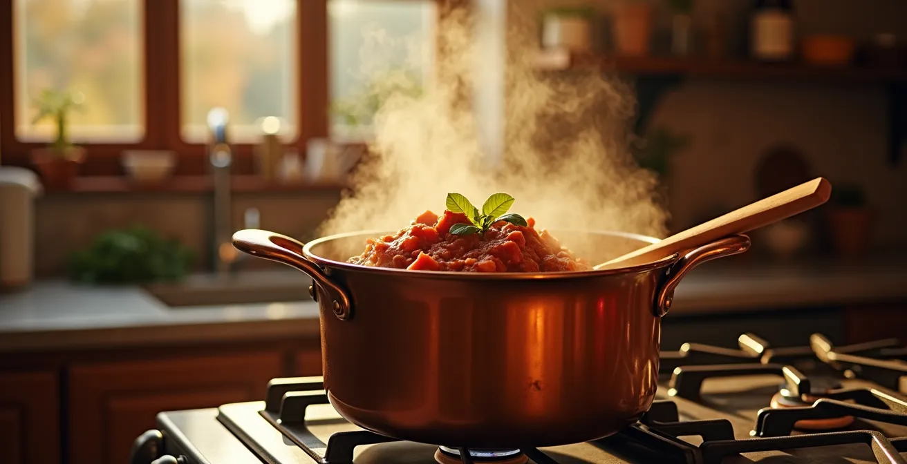 Pentola di ragù fumante in cucina italiana tradizionale