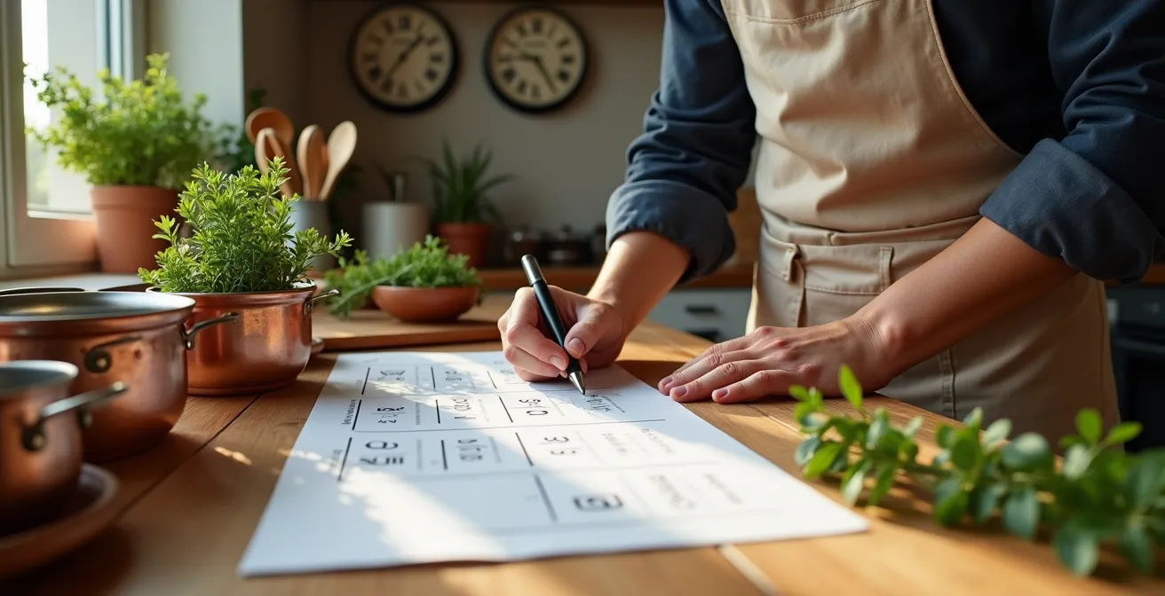 Un piano di lavoro in cucina con planning settimanale e orologi che mostrano diversi orari