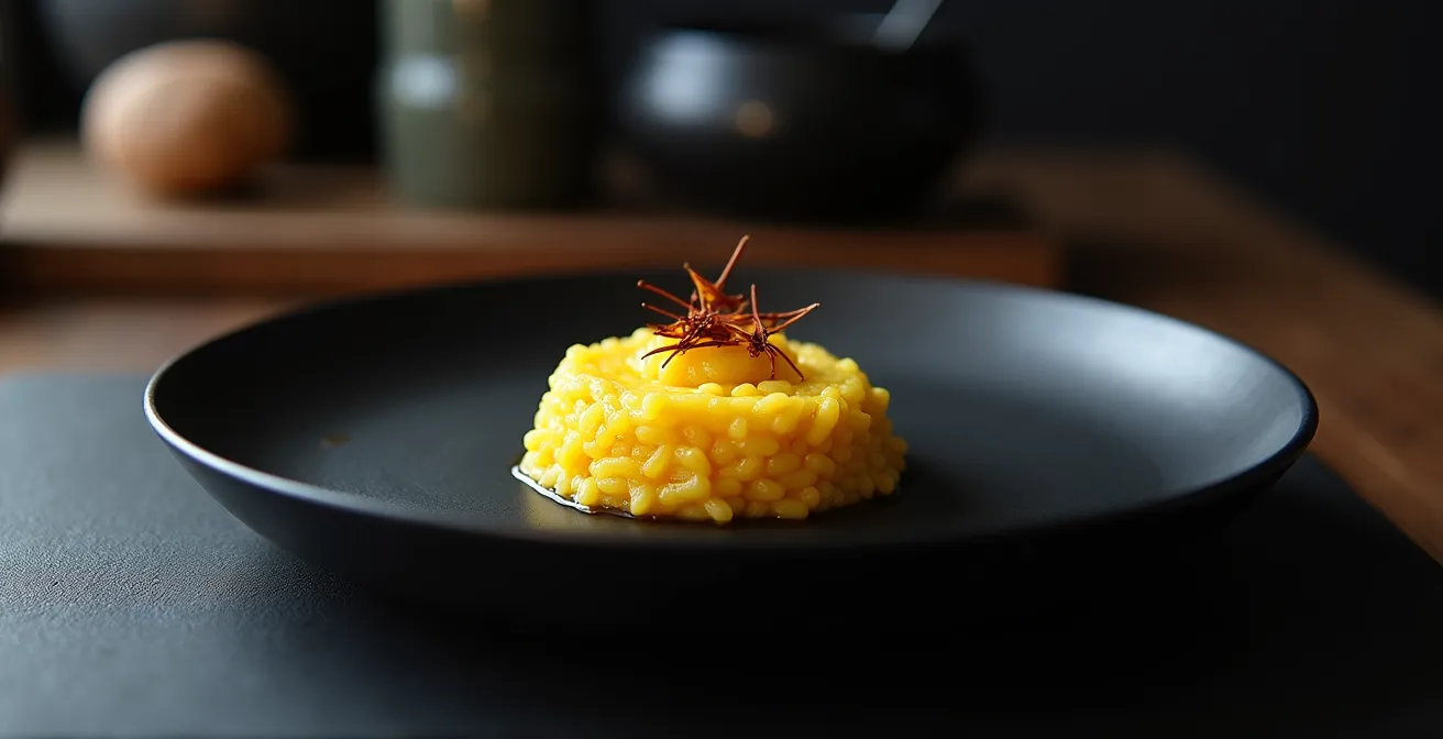 Risotto allo zafferano impiattato con tecnica minimalista su piatto nero