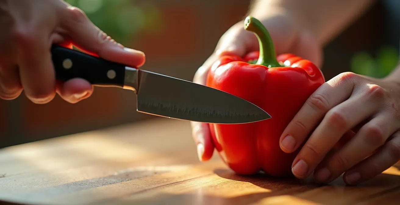 Test di taglio su un peperone rosso per verificare il livello di affilatura di un coltello da cucina