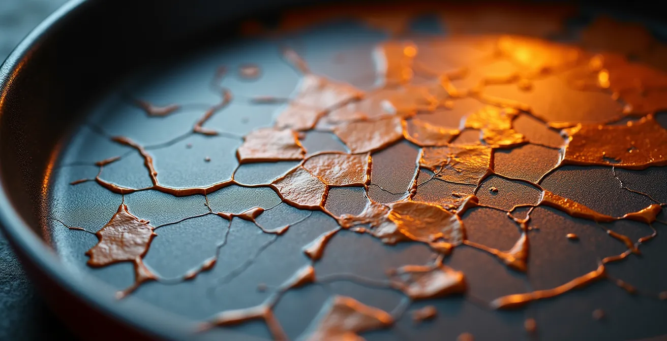 Dettaglio microscopico delle micro-fratture nel rivestimento antiaderente