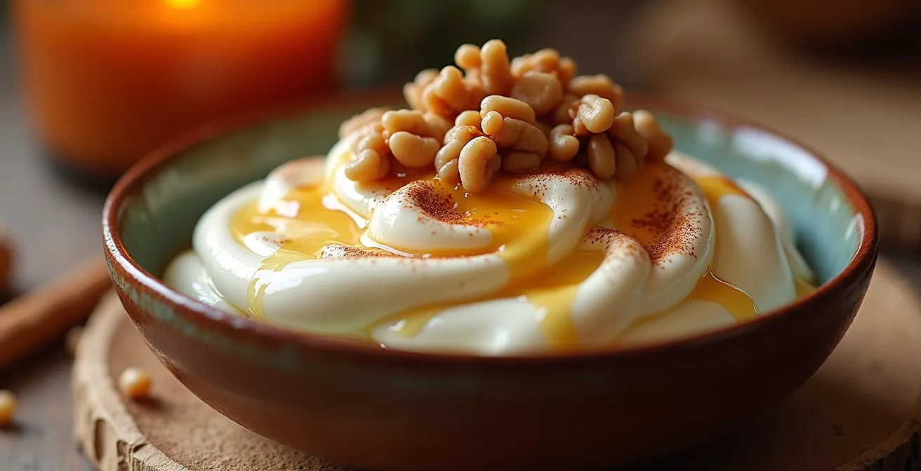 Yogurt greco con frutta secca e miele servito su tavola serale