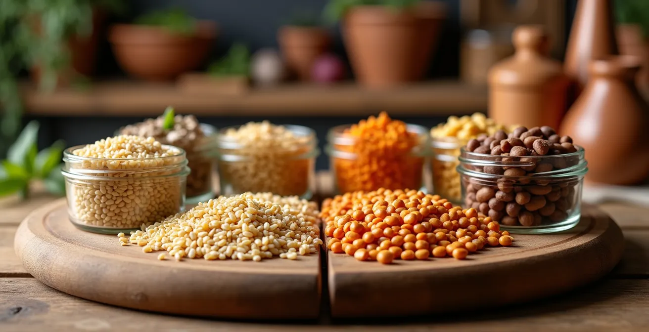 Composizione visiva di cereali e legumi italiani disposti in sezioni colorate