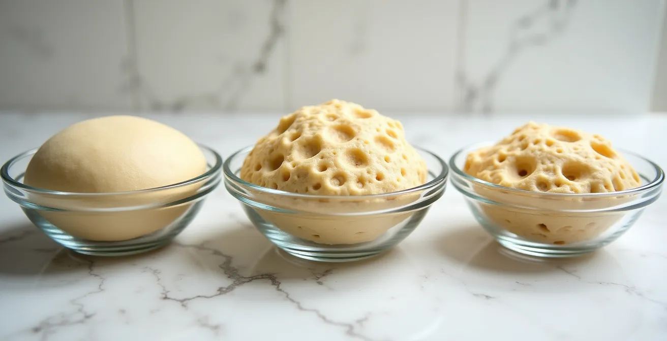 Progressione visiva dell'impasto con 1g di lievito dopo 1, 2 e 4 ore a temperatura ambiente