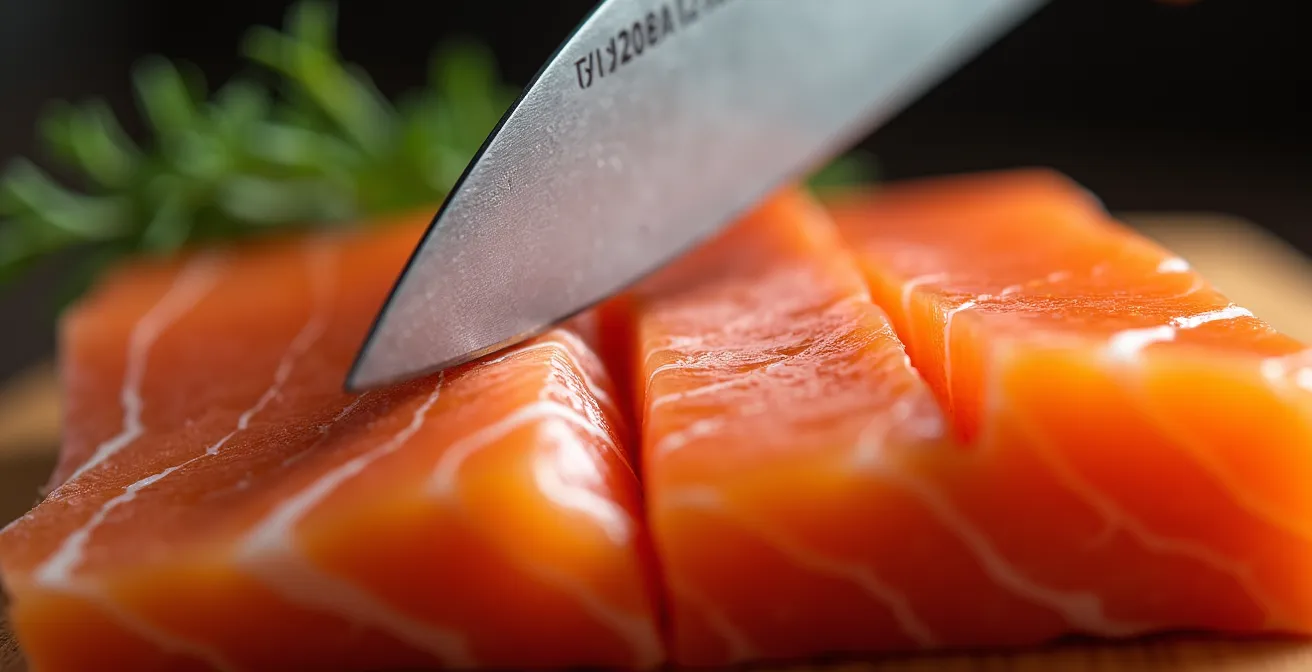 Tecnica di taglio del salmone controfibra con coltello yanagiba per sushi