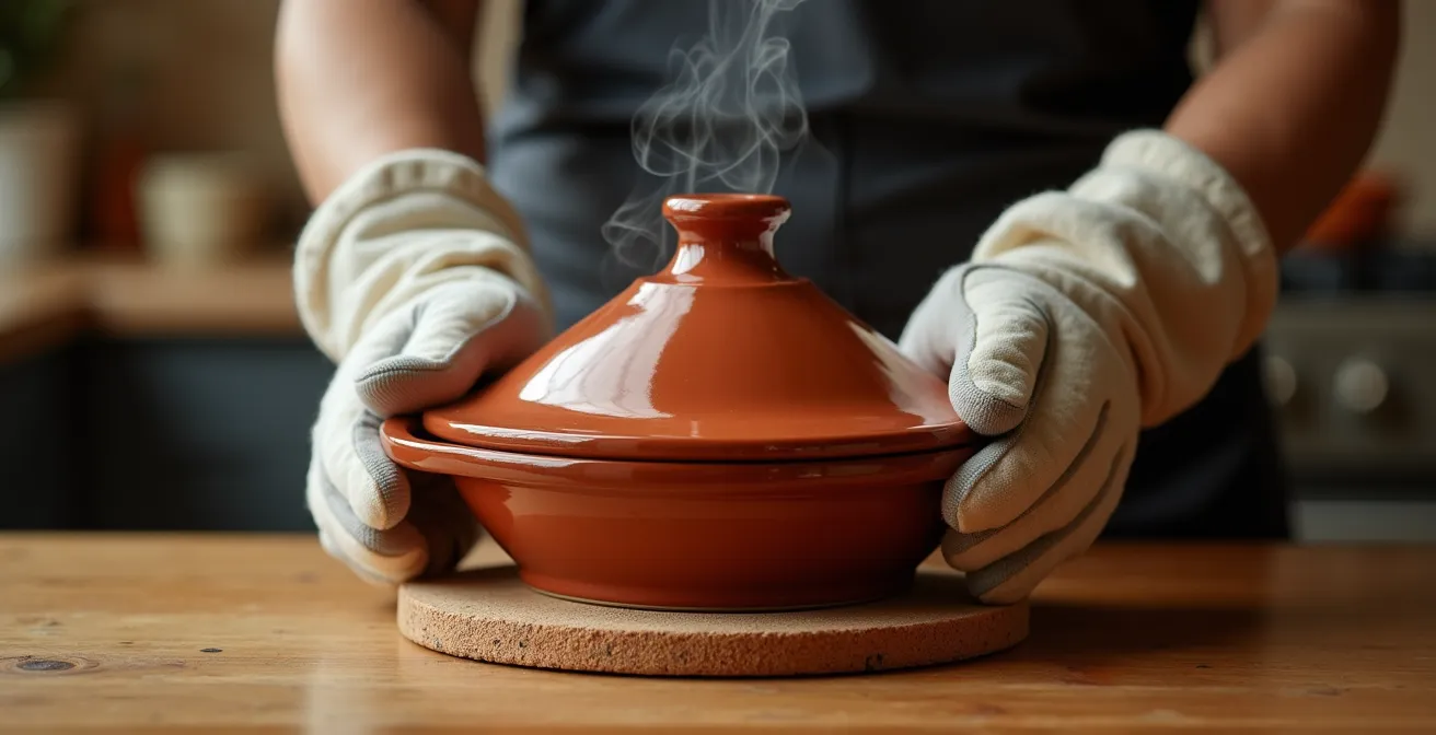 Tajine calda posizionata su sottopentola in sughero con vapore