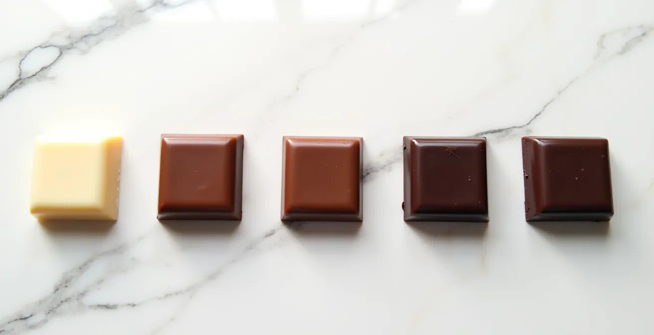 Composizione di quadrati di cioccolato con diverse percentuali di cacao dal chiaro allo scuro