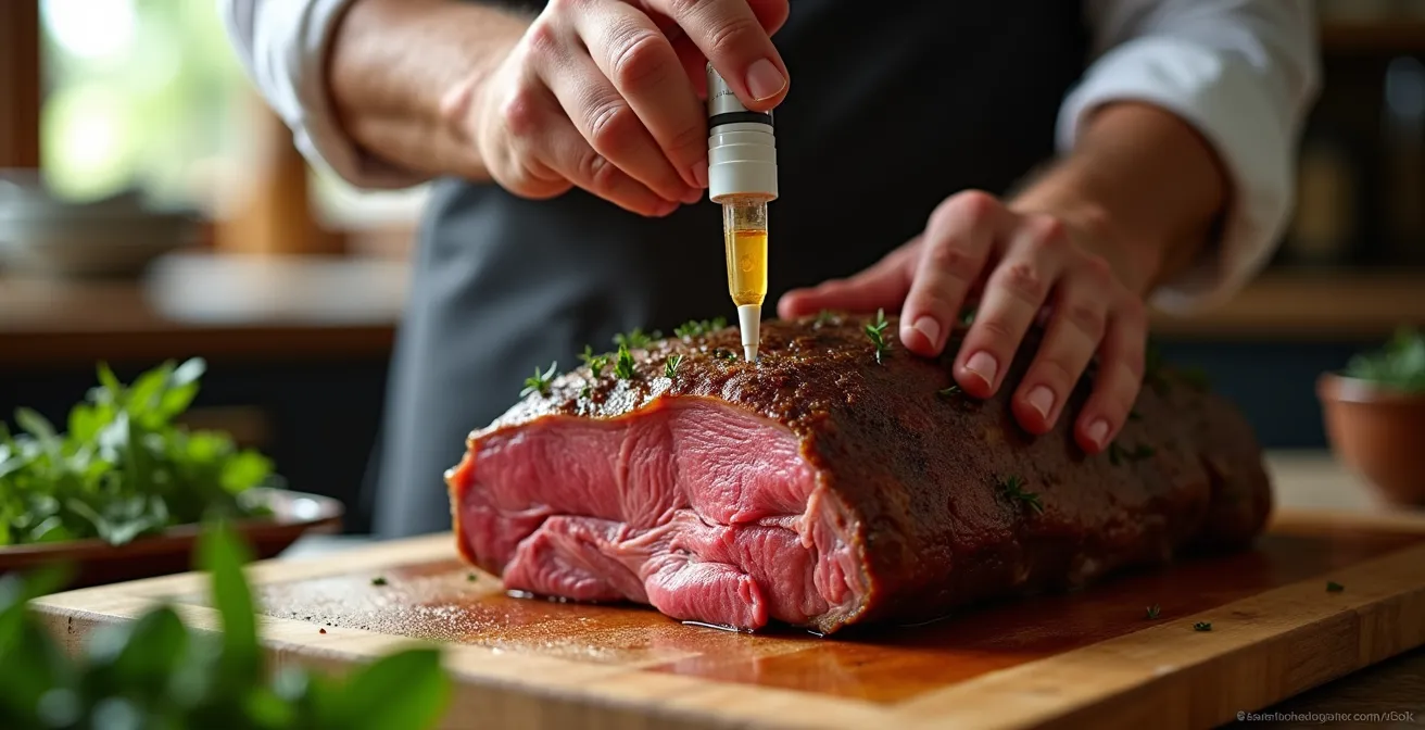 Dimostrazione della tecnica di iniezione della marinata in un arrosto.