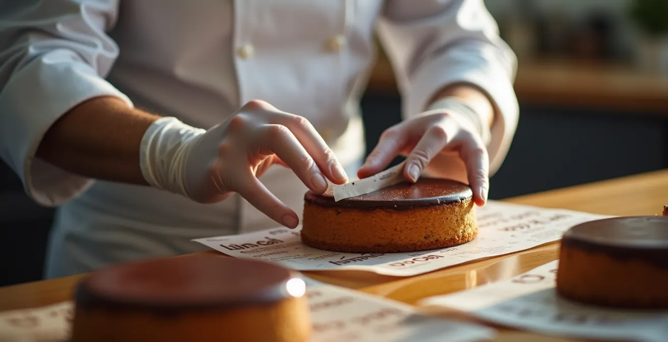 Mano di pasticcere che applica delicatamente un transfer di cioccolato sulla glassa della torta Sacher