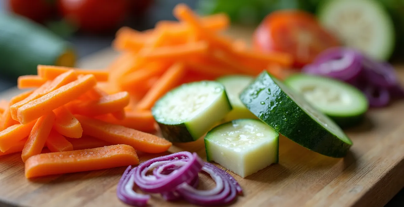 Verdure italiane tagliate con diverse tecniche su tagliere di legno