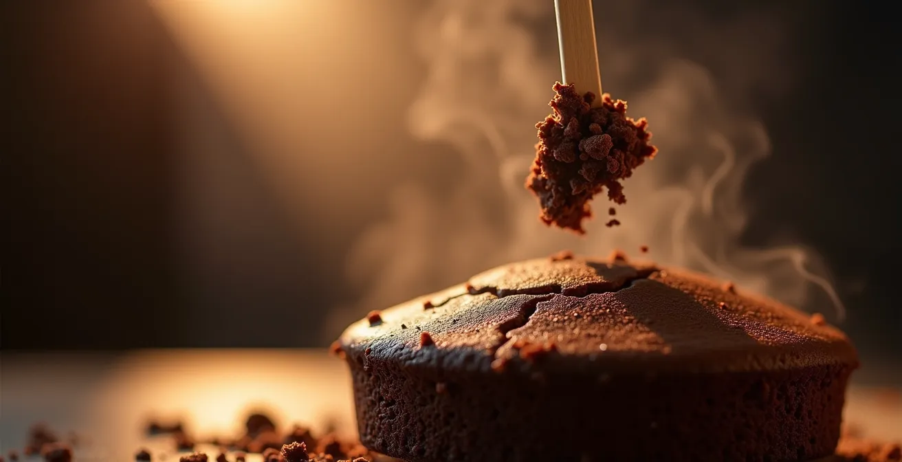 Vista ravvicinata dello stecchino che esce dalla torta Sacher con briciole umide attaccate
