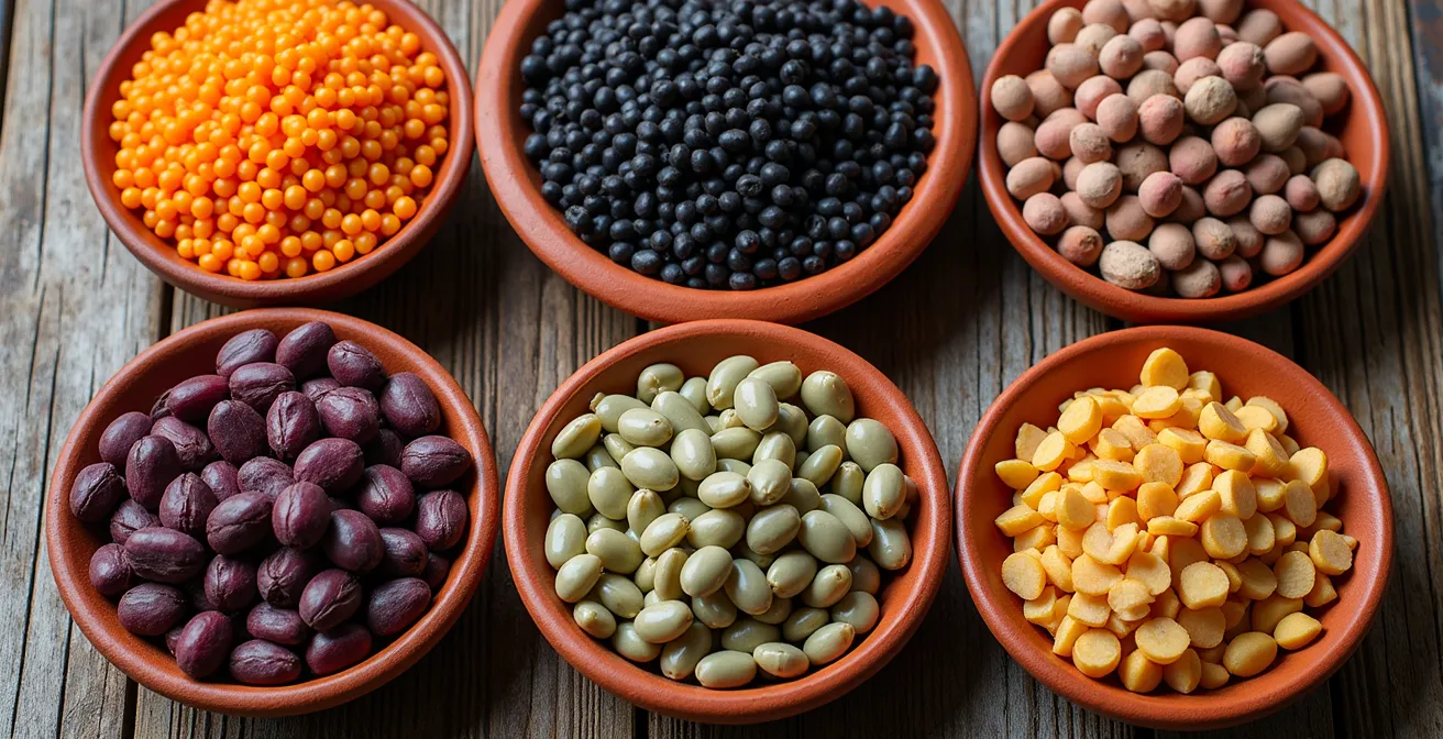 Composizione artistica di legumi italiani autoctoni in ciotole di terracotta su tavolo rustico