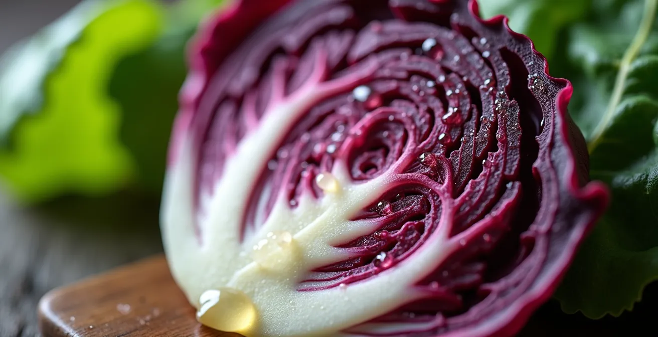 Composizione macro di radicchio di Treviso, cicoria catalogna e cime di rapa con gocce di olio extravergine di oliva