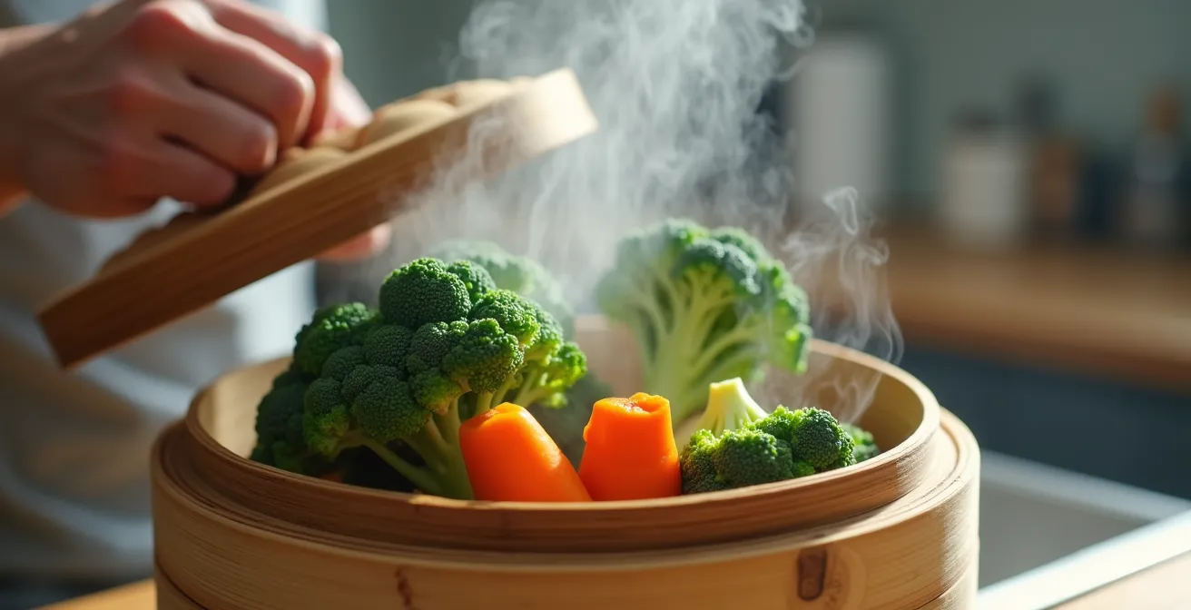 Verdure colorate cotte al vapore in cestello di bambù