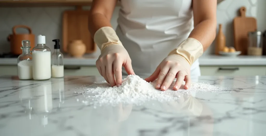 Mani che applicano pasta di bicarbonato su piano di marmo con macchia gialla Mani che applicano pasta di bicarbonato su piano di marmo con macchia gialla